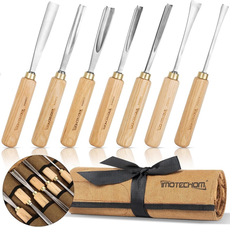 IMOTECHOM 7-Pieces Woodworking Wood Carving Tools Chisel Set with Canvas Bag, Gouges and Carving Chisel Set, Razor Sharp CR-V 60 Steel Blades - Image 1